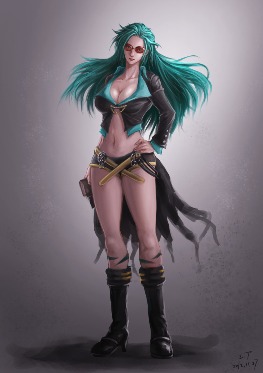 1girl boots breasts character_request cleavage coattails crop_top cropped_jacket dated green_eyes green_hair hand_on_hip head_tilt highres knee_boots lipstick long_hair lt makeup midriff navel shooting_glasses short_shorts shorts simple_background solo source_request