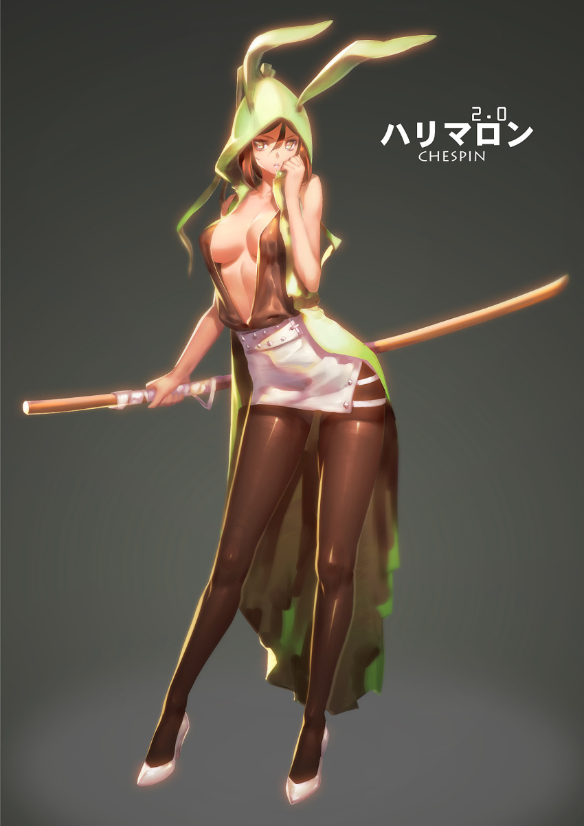 1girl animal_hood black_legwear breasts brown_eyes brown_hair character_name chespin cleavage high_heels highres hood hoodie large_breasts leaning_forward no_bra open_clothes open_shirt pantyhose parted_lips personification pokemon pokemon_(game) pokemon_xy ryushin skirt solo wooden_sword