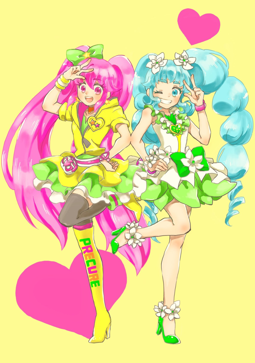 2girls aino_megumi alternate_form artist_request asymmetrical_clothes blue_eyes blue_hair boots copyright_name cure_lovely cure_princess double_v dress earrings english eyelashes green_dress green_shoes grin hair_ornament hair_ribbon happinesscharge_precure! happy heart heart_background high_heels highres jewelry lollipop_hip_hop long_hair looking_at_viewer macadamia_hula_dance magical_girl multiple_girls open_mouth pink_eyes pink_hair precure ribbon shirayuki_hime shoes single_thigh_boot smile source_request thigh_boots thighhighs thighs twintails v wink wrist_cuffs yellow_background yellow_dress