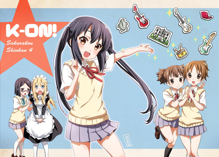 5girls black_hair blonde_hair blue_eyes brown_eyes brown_hair highres hirasawa_ui k-on! long_hair maid minimaru multiple_girls nakano_azusa okuda_nao ponytail saitou_sumire school_uniform short_hair short_twintails suzuki_jun twintails