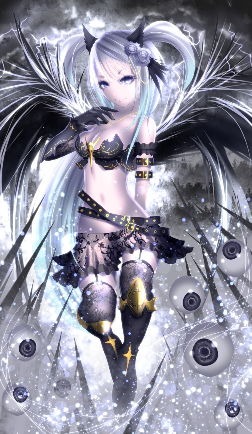 1219_yusuke 1girl animal_ears arm_strap bare_shoulders belt bikini_top boots cat_ears collarbone cross eyeball garter_belt garter_straps gloves highres jewelry lace-trimmed_skirt lace_legwear looking_at_viewer navel necklace original silver_hair solo standing thighhighs violet_eyes wings