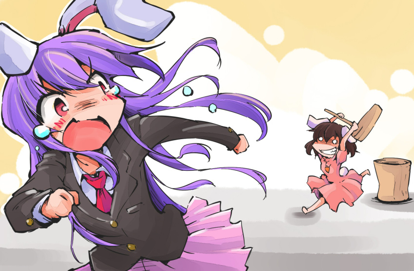 2girls animal_ears brown_hair bucket carrot crazy_smile dress hammer inaba_tewi jacket long_sleeves multiple_girls necktie o_o open_mouth personification pink_dress pink_eyes purple_hair rabbit_ears reisen_udongein_inaba running running_away shaded_face shinapuu shirt short_sleeves skirt tears touhou