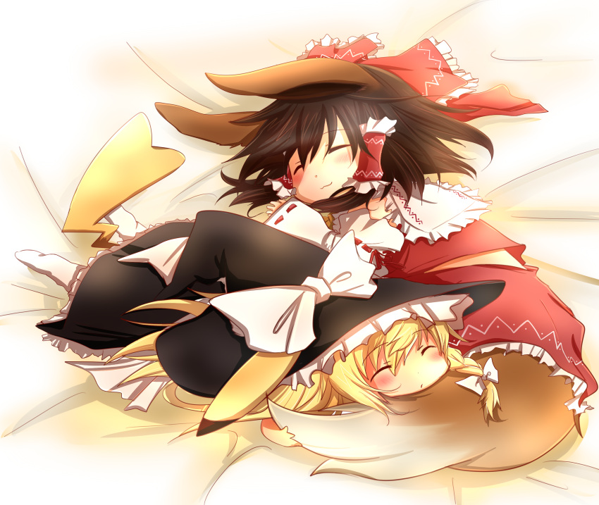 2girls absurdres animal_ears asyuaffw black_dress blonde_hair braid brown_hair dress hair_bun hair_tubes hakurei_reimu hat highres kirisame_marisa lying lying_on_person multiple_girls on_side on_stomach pikachu_(cosplay) pikachu_ears pikachu_tail pokemon shirt single_braid skirt skirt_set sleeping tail touhou witch_hat