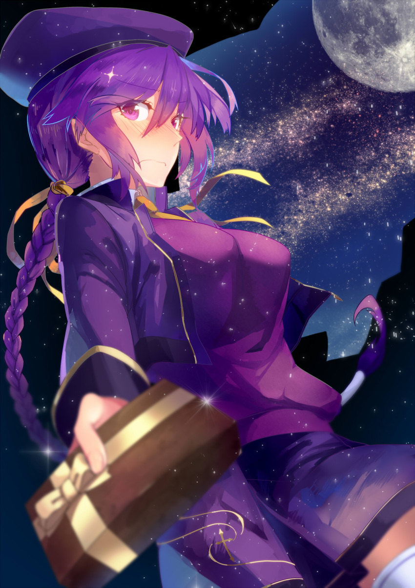 1girl alternate_costume beret blush box braid breasts cropped_jacket eyelashes full-face_blush gift gift_box hair_ribbon hat highres large_breasts long_hair looking_at_viewer low-tied_long_hair melty_blood moon purple_hair ribbon single_braid sion_eltnam_atlasia sky smile solo star_(sky) starry_sky sweater thighhighs tsukihime under_night_in-birth valentine very_long_hair violet_eyes white_legwear yusano zettai_ryouiki