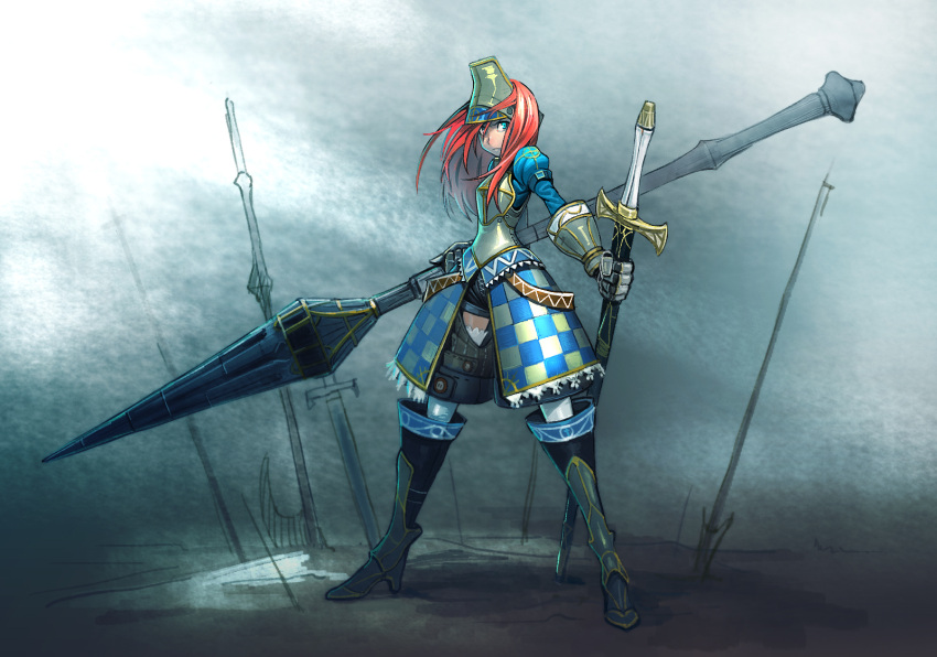 1girl armor boots breastplate gauntlets greaves helm helmet holding_sword huge_weapon knight lace lace-trimmed_skirt lace-trimmed_thighhighs ladic lance lighting long_hair looking_at_viewer original planted_sword planted_weapon polearm poleaxe redhead sheath sheathed shorts solo spear sword texture thighhighs weapon white_legwear