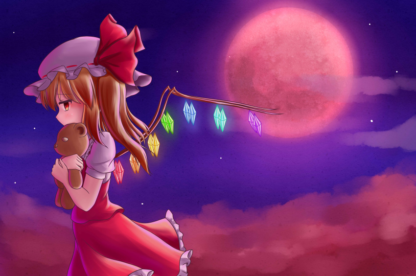 1girl absurdres blonde_hair clouds covering_mouth dior-zi flandre_scarlet full_moon highres mist mob_cap moon night object_hug outdoors profile red_eyes red_moon short_hair short_sleeves side_ponytail skirt skirt_set sky solo star_(sky) starry_sky stuffed_animal stuffed_toy teddy_bear touhou wings