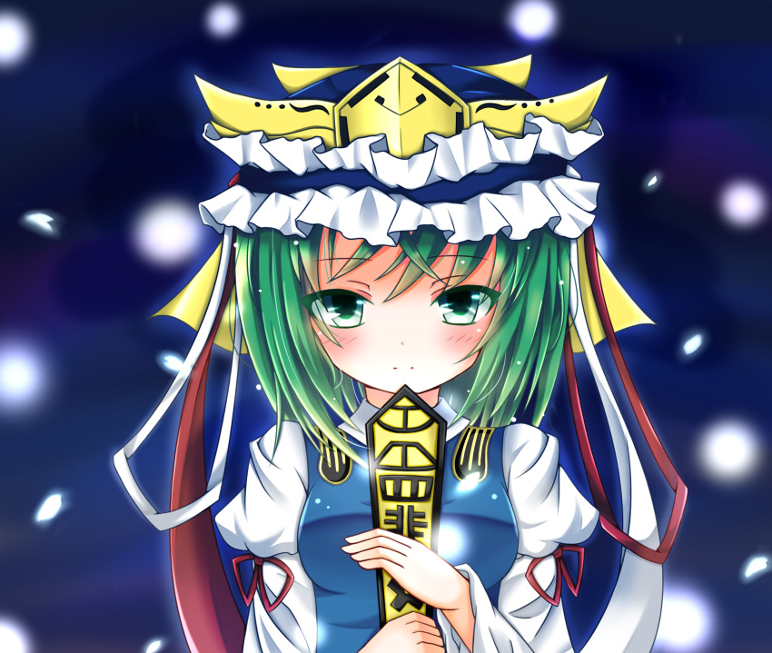 1girl absurdres blue_background blush breasts bust expressionless green_eyes green_hair hat hat_ribbon highres juliet_sleeves light_particles long_sleeves looking_at_viewer petals puffy_sleeves ribbon rod_of_remorse shikieiki_yamaxanadu short_hair simple_background solo touhou vest xue_ye