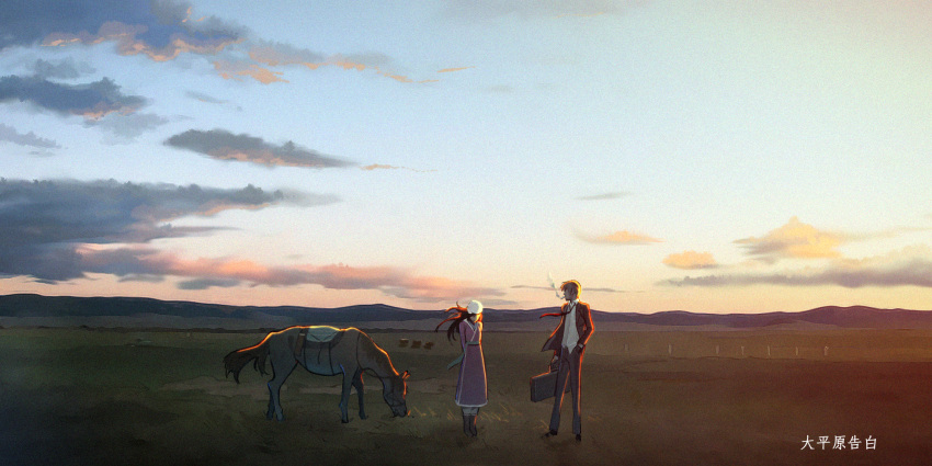 1boy 1girl arms_behind_back boots briefcase cigarette clouds confession fence field grazing hand_in_pocket hat highres horse ladic lighting long_hair looking_at_another looking_down mountain necktie original pants plains saddle sky smoke smoking solo sunset title traditional_clothes translation_request