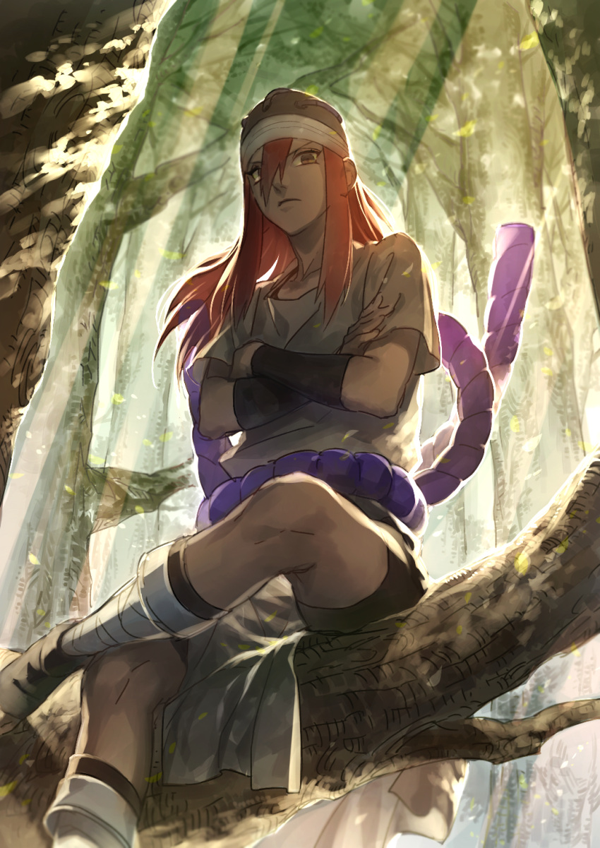 1girl hat highres kazari_tayu leaf long_hair naruto redhead solo tayuya tree
