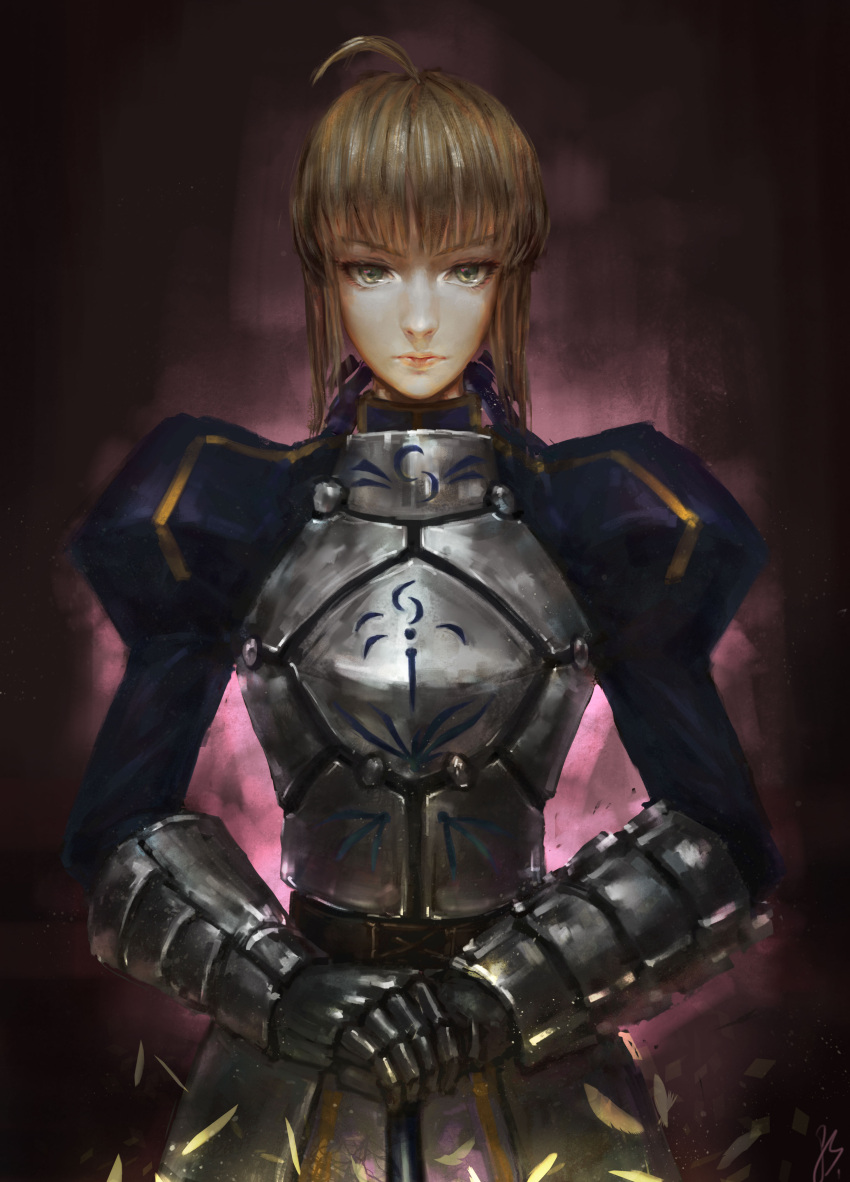 1girl absurdres ahoge armor armored_dress blonde_hair dress excalibur fate/stay_night fate_(series) gauntlets green_eyes gs_(raygao211) hair_ribbon highres juliet_sleeves long_sleeves puffy_sleeves realistic ribbon saber solo