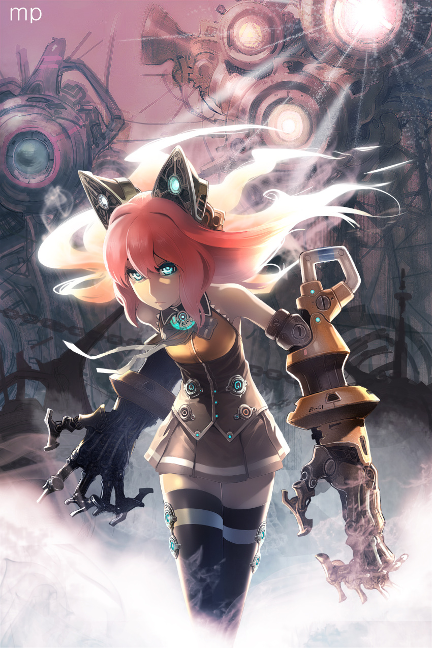 1girl absurdres black_legwear blue_eyes crossed_legs cybernetic_parts floating_hair gears glowing highres ladic leaning_forward light long_hair mechanical_arms mist redhead robot_joints seeu shining signature skirt solo structure thighhighs tower very_long_hair vest vocaloid walking zettai_ryouiki