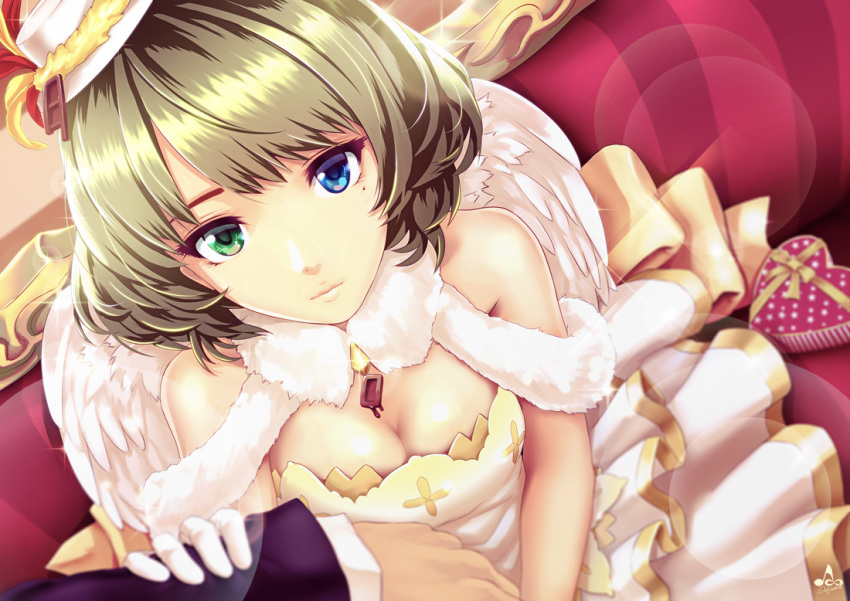 1girl angel_wings bare_shoulders blue_eyes box breasts brown_hair cleavage couch dress from_above gift gift_box gloves green_eyes hat hat_feather heterochromia idolmaster idolmaster_cinderella_girls infinote looking_at_viewer looking_up mini_top_hat mole pov short_hair signature sitting solo sparkle takagaki_kaede top_hat valentine white_gloves wings