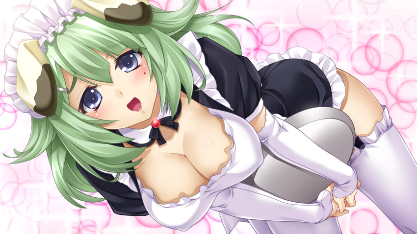1girl animal_ears blue_eyes blush breasts character_request cleavage detached_collar dog_ears elbow_gloves game_cg gloves grey_hair hair_ornament hairclip large_breasts leaning_forward looking_at_viewer love_replica maid maid_headdress mole open_mouth short_hair smile solo takada_kazuhiro thighhighs tray white_gloves white_legwear