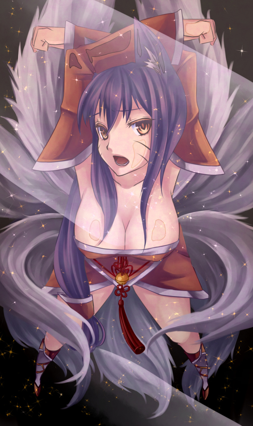 1girl against_glass ahri animal_ears artist_request breasts detached_sleeves facial_mark fox_tail highres league_of_legends multiple_tails tail yellow_eyes