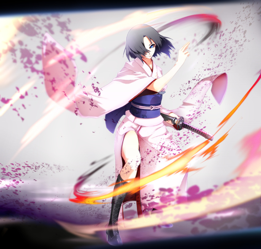 1girl big.g black_hair blue_eyes boots high_heels highres japanese_clothes kara_no_kyoukai katana kimono multicolored_eyes obi ready_to_draw ryougi_shiki sash short_hair solo sword weapon