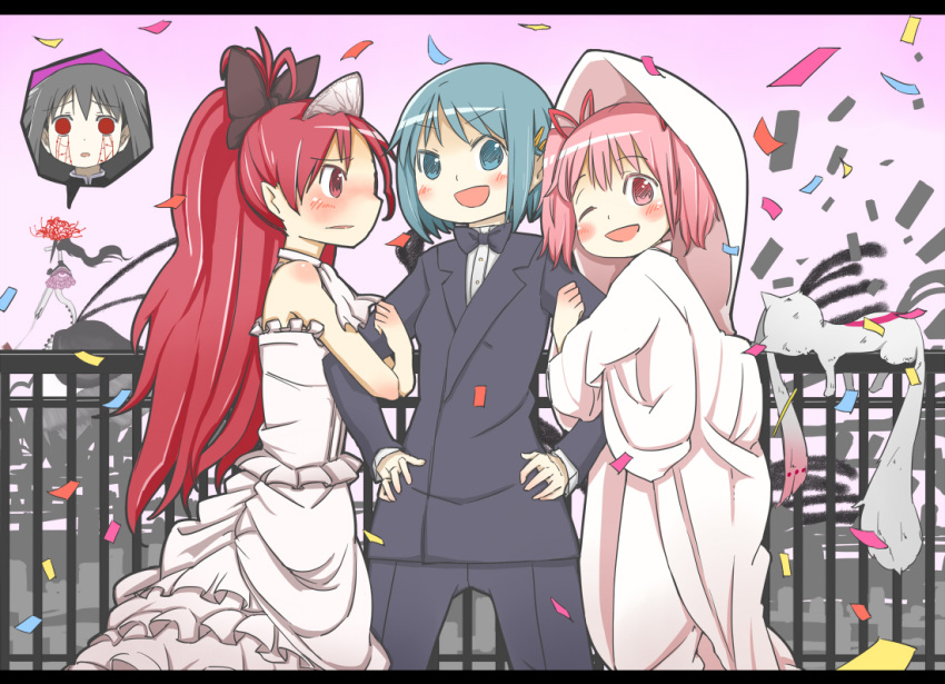 4girls ;d akemi_homura arm_hug black_hair blue_eyes blue_hair blush bow bowtie confetti dress hair_bow hair_ornament hair_ribbon hairclip homulilly japanese_clothes kaname_madoka kimono kyubey letterboxed long_hair mahou_shoujo_madoka_magica mahou_shoujo_madoka_magica_movie miki_sayaka multiple_girls open_mouth pink_eyes pink_hair ponytail red_eyes redhead ribbon sakura_kyouko short_hair short_twintails smile spoilers tuxedo twintails uchikake wedding_dress wink witch_(madoka_magica)