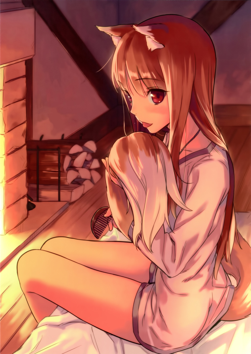 1girl :p absurdres animal_ears bare_legs bed blush bottomless brown_hair comb combing fireplace firewood highres holo jewelry kawakami_rokkaku long_hair looking_at_viewer naked_shirt necklace no_pants red_eyes scan sitting smile solo spice_and_wolf tail tail_hug tongue tongue_out wolf_ears wolf_tail
