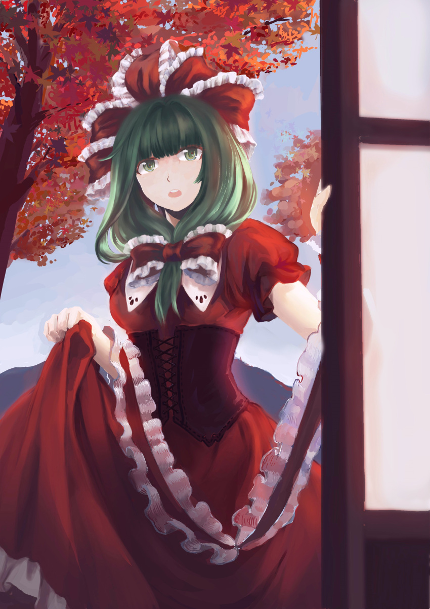 1girl absurdres autumn bow breasts corset dress frills front_ponytail green_eyes green_hair hair_bow hair_ribbon highres k2m_(kkkkasz) kagiyama_hina open_mouth ribbon skirt skirt_lift solo touhou tree