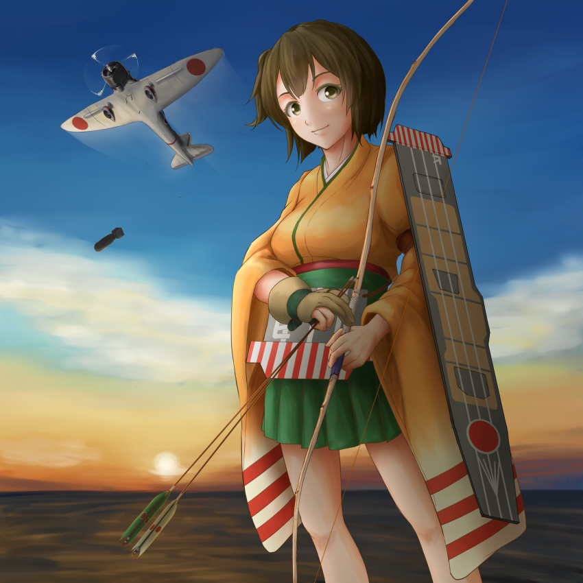 1girl aichi_d3a archery arrow blue_sky blush bomb brown_eyes brown_hair clouds flight_deck highres hiryuu_(kantai_collection) japanese_clothes kantai_collection kyuudou lips ocean personification quiver ribbon short_hair side_ponytail skirt sky smile sun wide_sleeves yugake