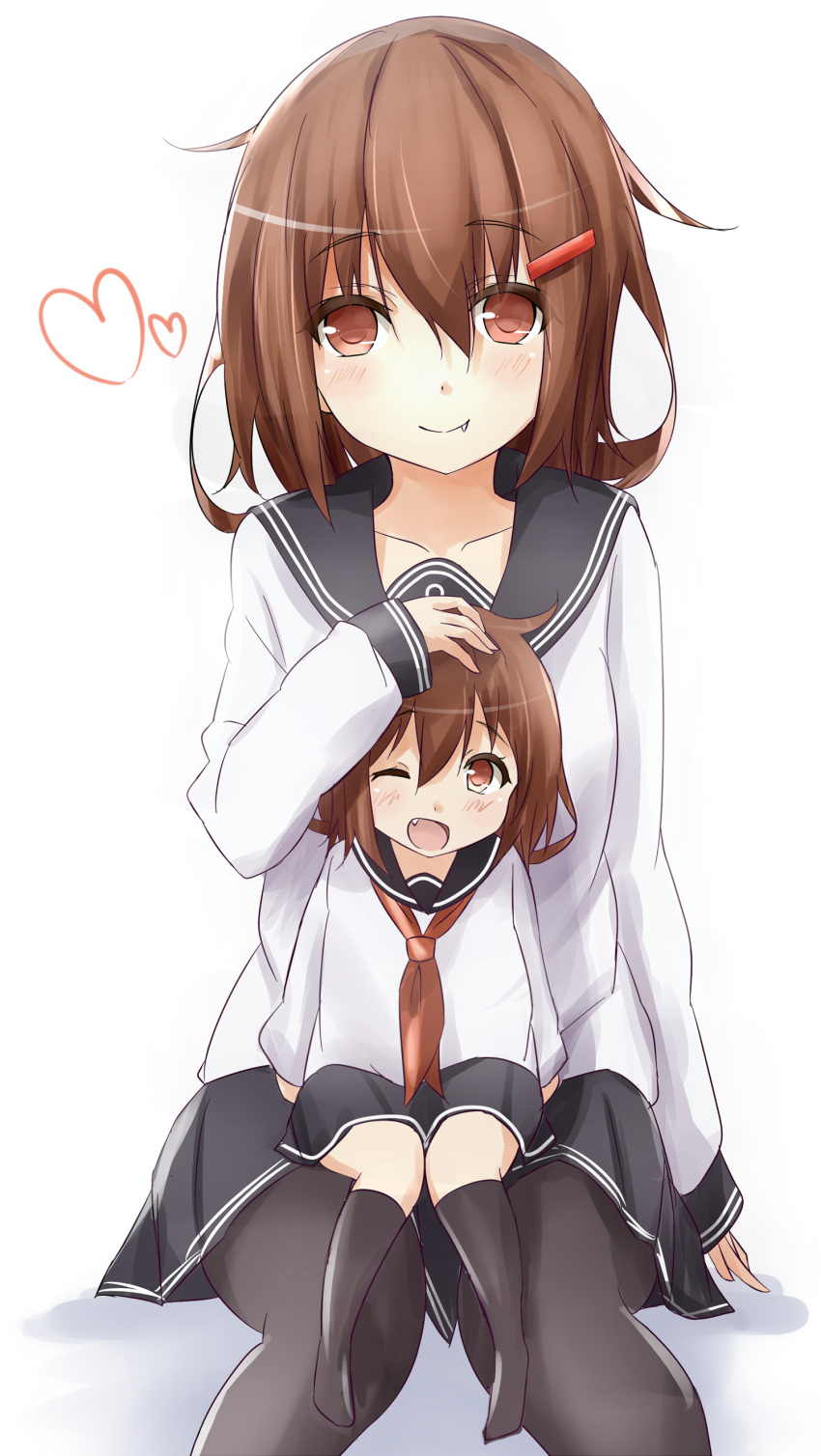 2girls absurdres blush brown_eyes brown_hair commentary_request hair_ornament hairclip hand_on_another's_head heart highres if_they_mated ikazuchi_(kantai_collection) kantai_collection looking_at_viewer mother_and_daughter multiple_girls neckerchief open_mouth pantyhose personification saku_(kudrove) school_uniform serafuku short_hair sitting sitting_on_person skirt smile wink