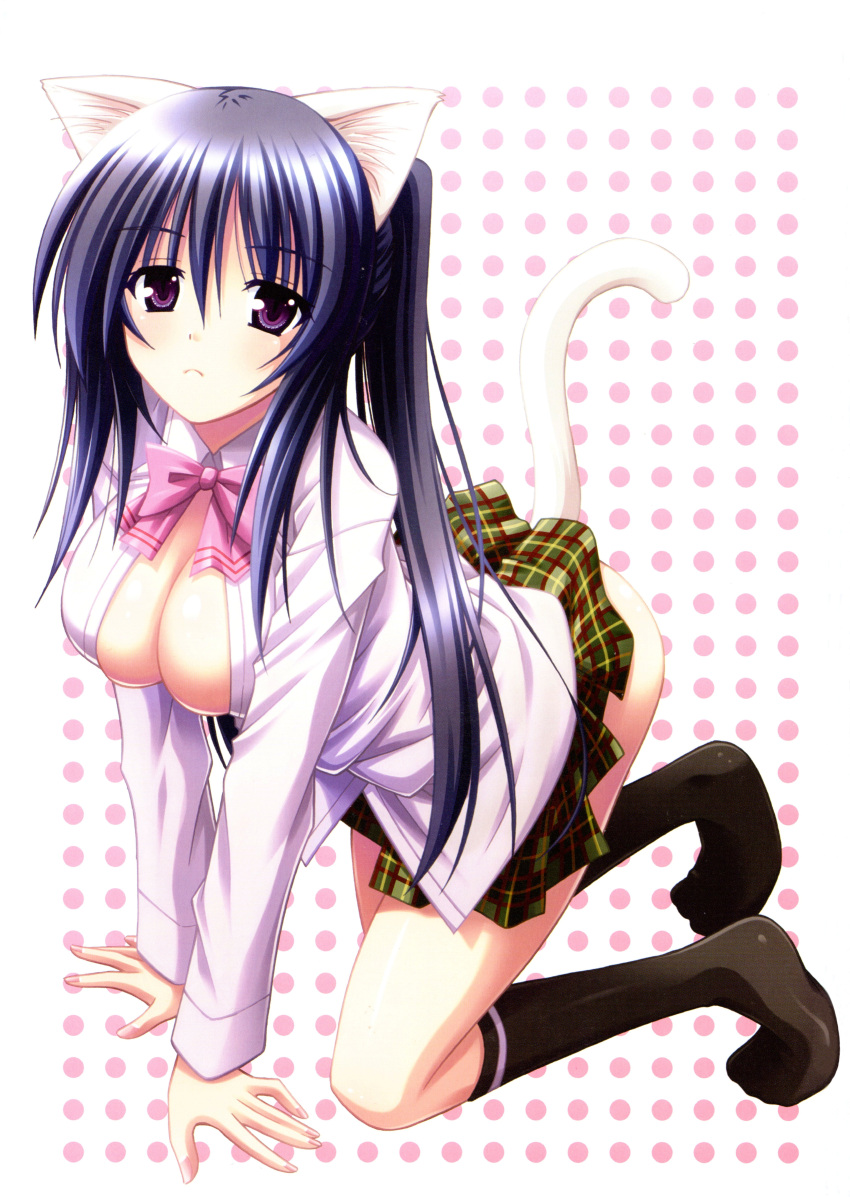 1girl absurdres all_fours animal_ears blue_hair breasts cat_ears cat_tail cleavage highres himari large_breasts matra_milan no_bra omamori_himari open_clothes open_shirt plaid plaid_skirt polka_dot polka_dot_background ponytail scan school_uniform skirt socks tail violet_eyes