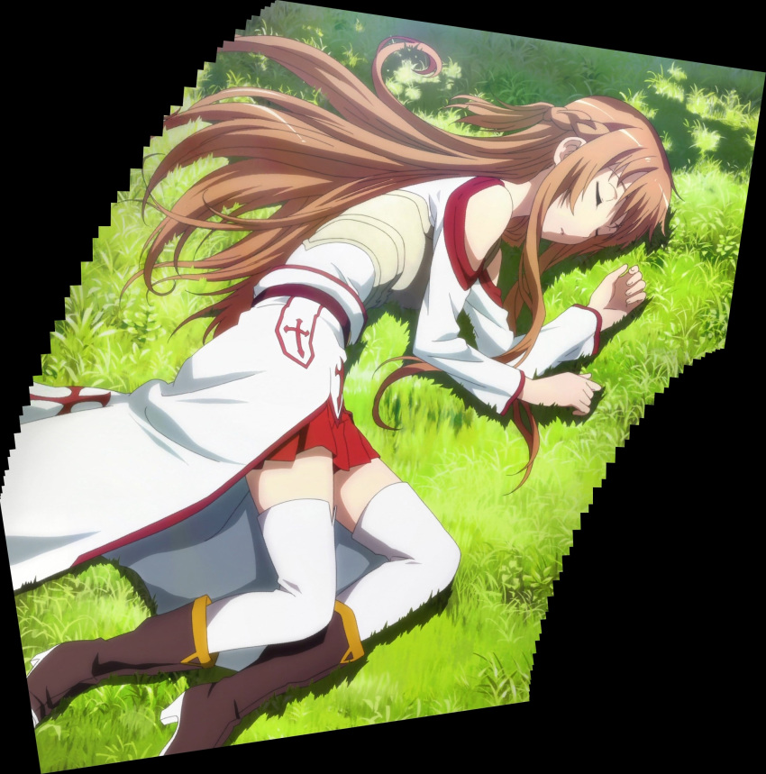 1girl asuna_(sao) bare_shoulders blush boots braid cloak closed_eyes grass highres long_hair pov resting screencap shade sleeping stitched sword_art_online thigh_boots thighhighs tree yuuki_asuna