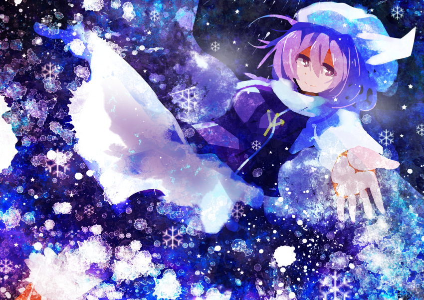 1girl dress hat highres letty_whiterock ogitya purple_hair smile snowflakes solo touhou violet_eyes