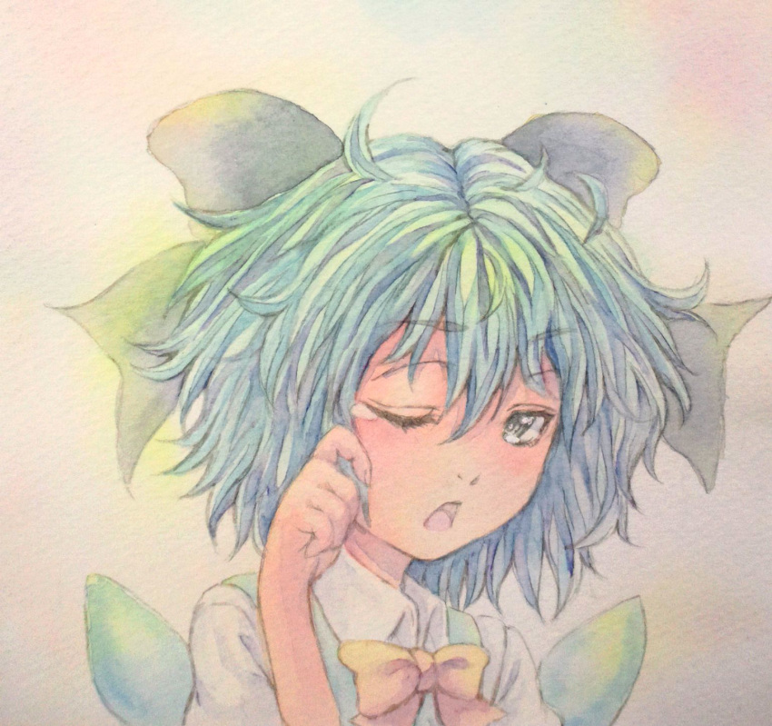 1girl blue_eyes blue_hair bow bust cirno graphite_(medium) grey_eyes hair_bow hand_on_own_face highres looking_at_viewer open_mouth pastel_(medium) pink_background short_hair simple_background solo tears touhou traditional_media watercolor_(medium) wings wink yuyu_(00365676)