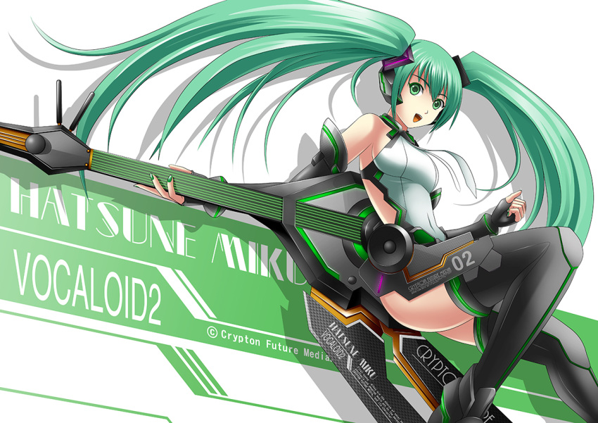 1girl character_name copyright_name elbow_gloves fingerless_gloves floating_hair gatakk gloves green_eyes green_hair hatsune_miku long_hair open_mouth solo thighhighs twintails very_long_hair vocaloid