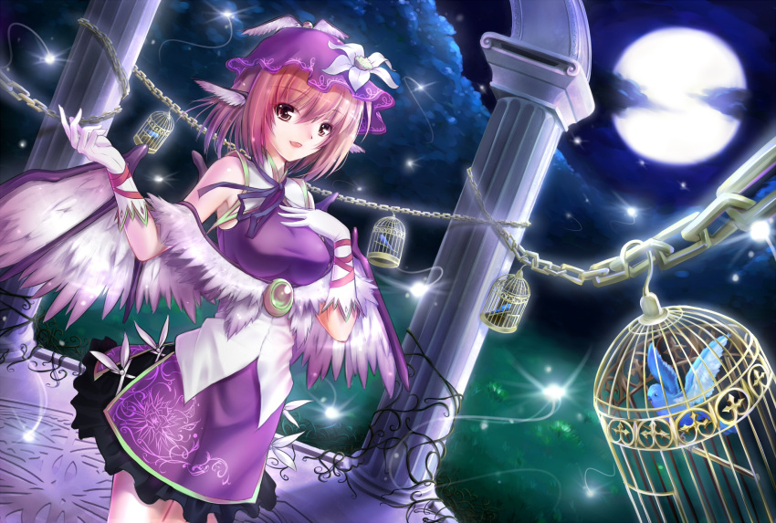 1girl adapted_costume alternate_costume animal_ears bird blush breasts brooch cage chain clouds column floral_print flower full_moon gloves hat highres jewelry moon mystia_lorelei night night_sky open_mouth pillar pink_hair red_eyes shawl short_hair silversirius skirt sky smile touhou white_gloves wings
