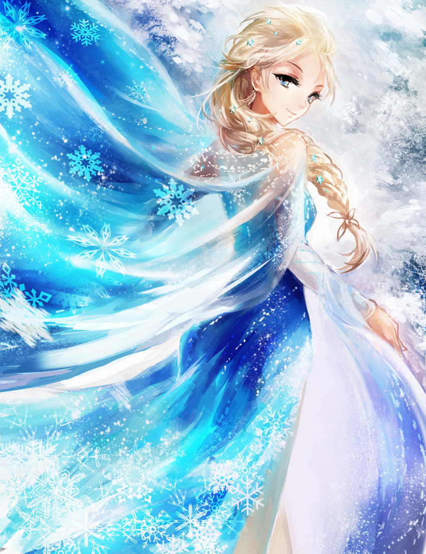 blonde_hair blue_eyes braid dress elsa_(frozen) frozen_(disney) highres looking_back moemoe3345 smile snow