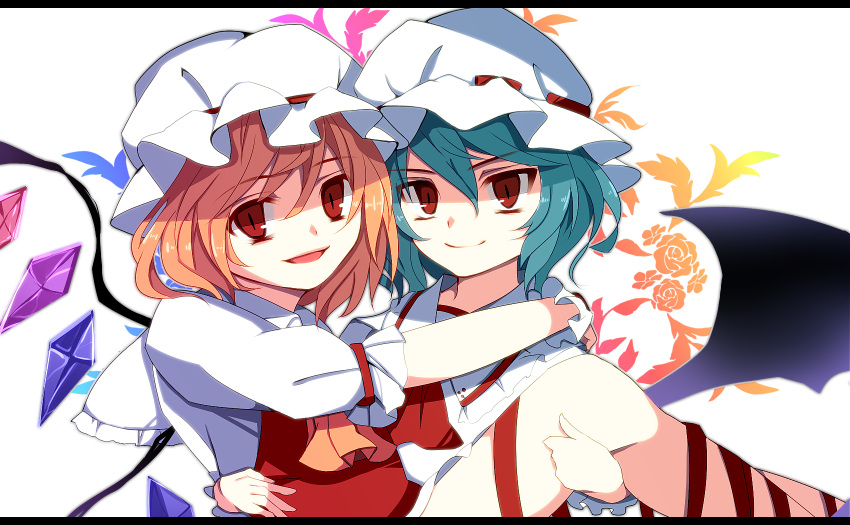 2girls aru16 ascot bat_wings blonde_hair blue_hair carrying flandre_scarlet flower hand_on_another's_shoulder highres leaf leg_ribbon letterboxed looking_at_viewer mob_cap multiple_girls parted_lips princess_carry red_eyes remilia_scarlet rose short_hair short_sleeves siblings sisters skirt skirt_set smile touhou white_background wings