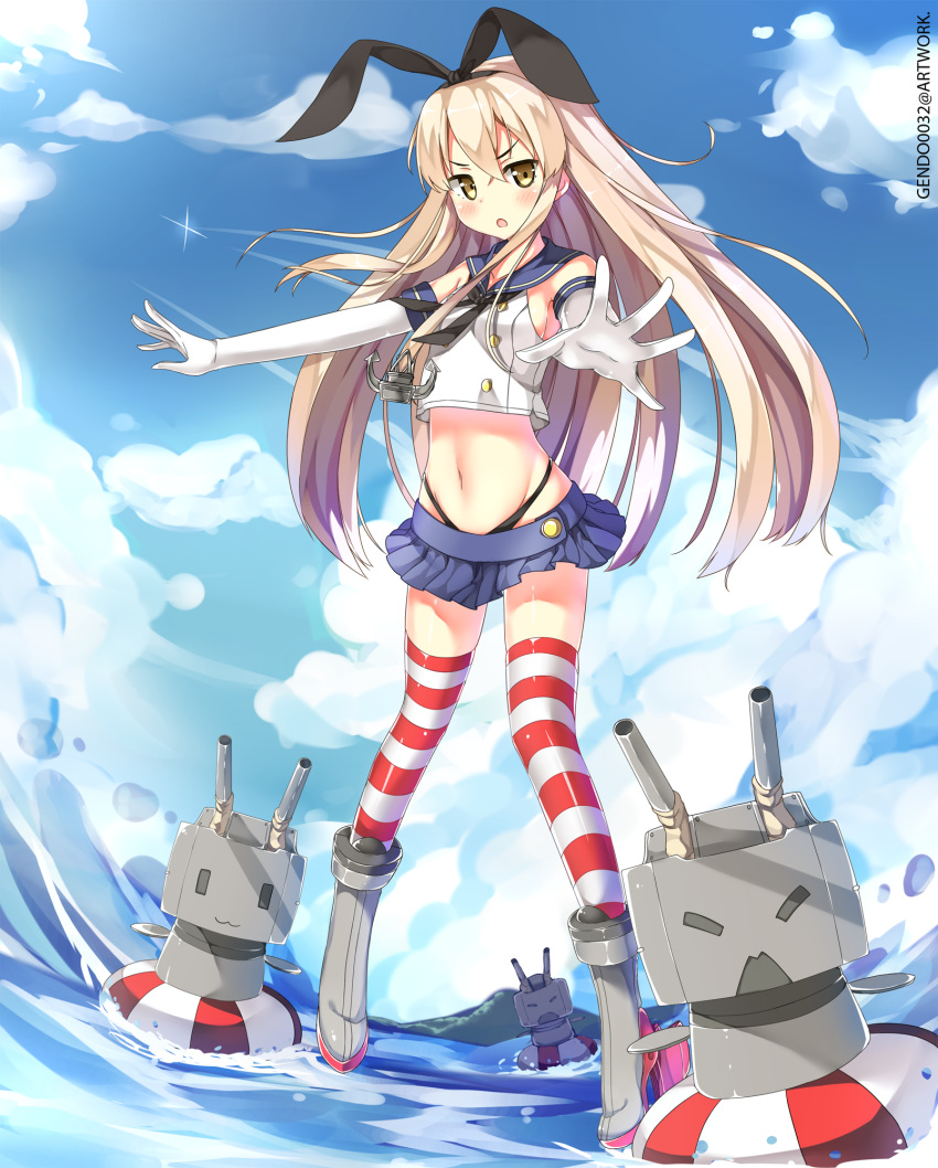 1girl anchor bare_shoulders black_panties blonde_hair blush cloudy_sky elbow_gloves gendo0033 gloves hair_ornament hairband highres innertube kantai_collection long_hair looking_at_viewer navel outstretched_arms panties personification rensouhou-chan shimakaze_(kantai_collection) skirt solo striped striped_legwear thighhighs thong underwear water white_gloves yellow_eyes