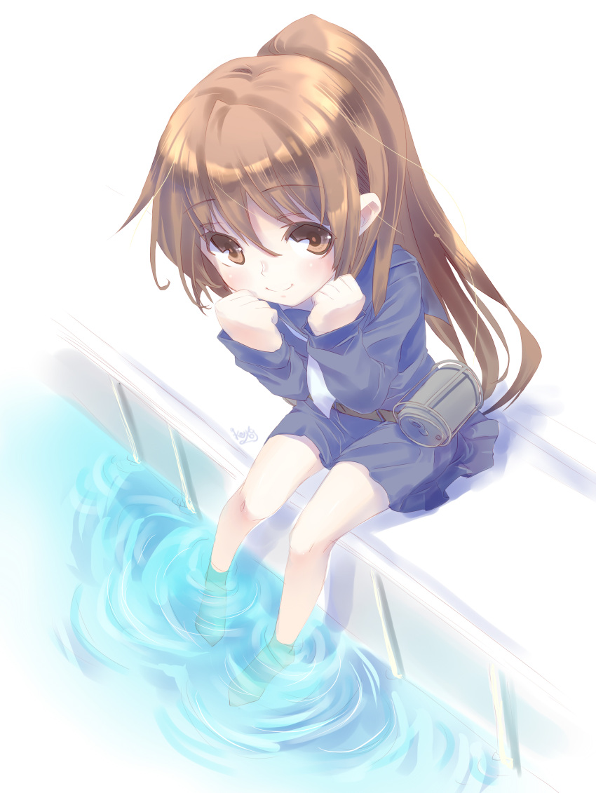 1girl absurdres brown_eyes brown_hair depth_charge fumizuki_(kantai_collection) highres kantai_collection long_hair looking_at_viewer negativeundead personification ponytail sitting smile solo water