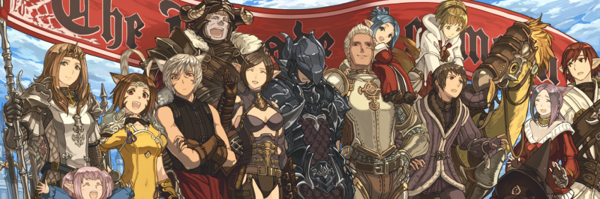 6+boys 6+girls :d ^_^ ^o^ animal_ears armor bangs beak belt black_mage blonde_hair blue_eyes blue_hair blue_sky breasts brown_eyes brown_hair cat_ears cat_tail chainmail chocobo cleavage closed_eyes clouds dress elezen elf final_fantasy final_fantasy_xiv fingerless_gloves full_armor fur gloves hairband hands_on_hips hat helm helmet horns hyur jewelry lalafell lance laughing leather_gloves long_hair looking_at_viewer miqo'te multiple_boys multiple_girls neck_ring on_shoulder open_mouth pauldrons pink_hair plate_armor pointy_ears polearm ponytail pouch purple_hair red_eyes redhead riding robe roegadyn scar short_hair sky smile spaulders sword tail tail_feathers tan tiara turtleneck vest visor weapon white_hair white_mage witch_hat