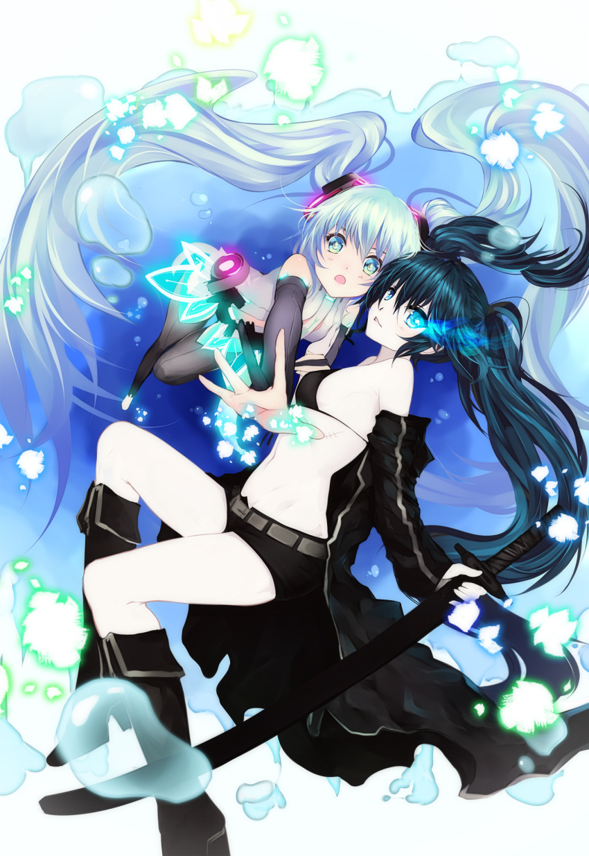 2girls aqua_eyes aqua_hair bba1985 belt bikini_top black_rock_shooter black_rock_shooter_(character) boots bridal_gauntlets foreshortening glowing glowing_eye hatsune_miku highres katana knee_boots long_hair miku_append multiple_girls necktie off_shoulder open_mouth outstretched_arm pale_skin short_shorts shorts sword twintails very_long_hair vocaloid vocaloid_append weapon