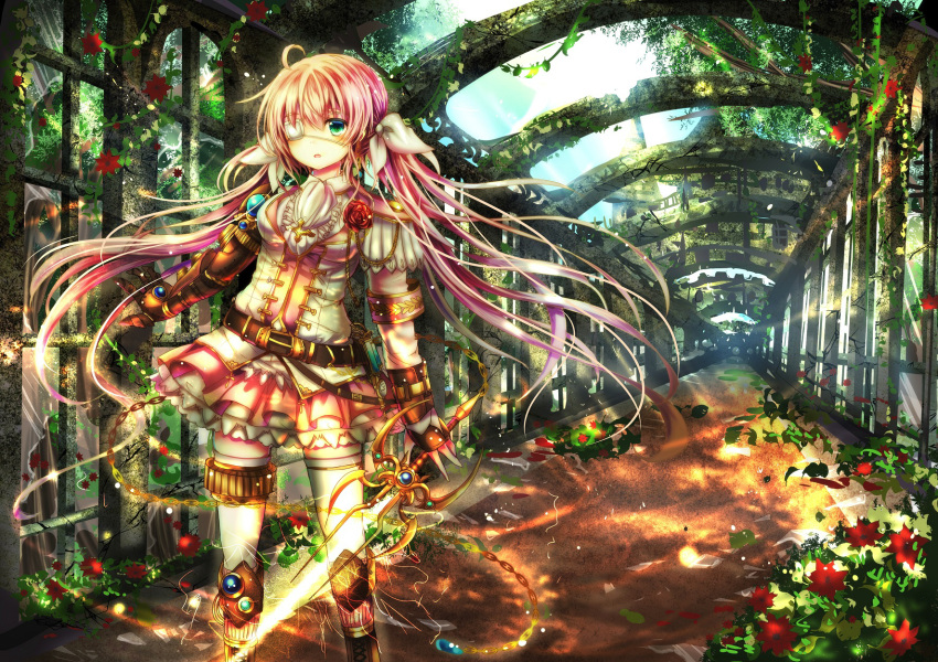 1girl blush eyepatch highres long_hair original pink_hair rudia solo sword tagme twintails weapon