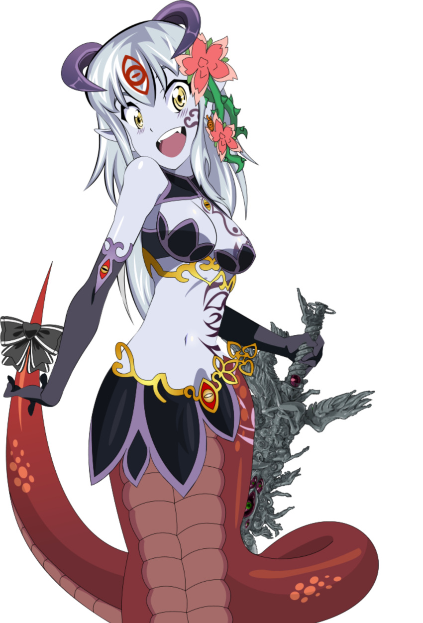 1girl :d absurdres alisfieze_fateburn_xvi bare_shoulders blue_skin breasts elbow_gloves fangs flower gloves hair_flower hair_ornament highres horns kill_la_kill lamia long_hair mon-musu_quest! monster_girl navel open_mouth parody ribbon silver_hair simple_background smile solo straywolf sword tail tail_ribbon weapon white_background yellow_eyes