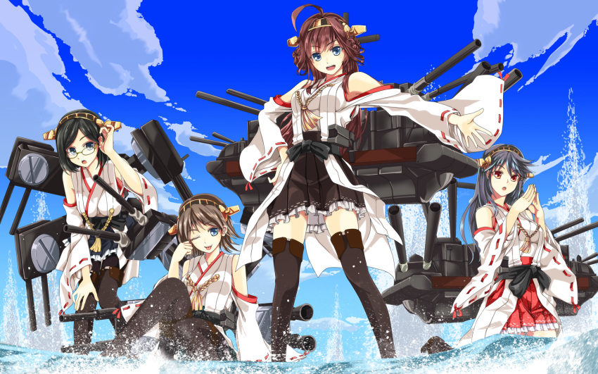 ahoge bare_shoulders black_hair brown_hair detached_sleeves double_bun glasses hair_ornament hairband haruna_(kantai_collection) hiei_(kantai_collection) highres ivuki japanese_clothes kantai_collection kirishima_(kantai_collection) kongou_(kantai_collection) long_hair multiple_girls nontraditional_miko open_mouth personification short_hair skirt thighhighs water wink
