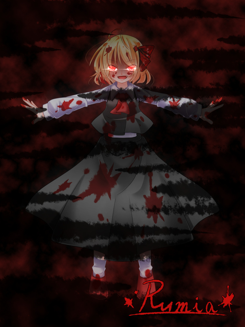 1girl absurdres blonde_hair blood blood_on_face blood_splatter blood_stain bloody_clothes blouse character_name darkness fang hair_ribbon highres namino. open_mouth outstretched_arms red_eyes ribbon rumia skirt smile spread_arms touhou vest