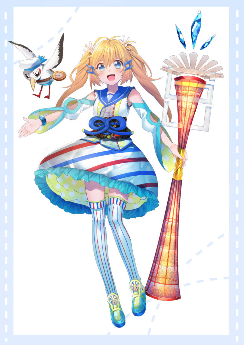 1girl bird blonde_hair blue_eyes bracelet commentary_request detached_sleeves erubo frilled_skirt frills hair_ornament highres jewelry long_hair looking_at_viewer magical_girl multicolored_legwear open_mouth original personification ribbon simple_background skirt smile solo thighhighs twintails