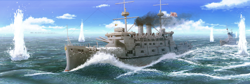 battle battleship earasensha highres imperial_japanese_navy mikasa_(battleship) ocean sky tagme turret