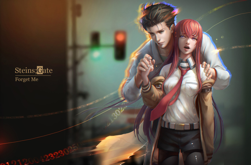 1boy 1girl black_hair highres long_hair makise_kurisu okabe_rintarou open_mouth pantyhose realistic red_hair renyu1012 short_hair steins;gate tears traffic_light