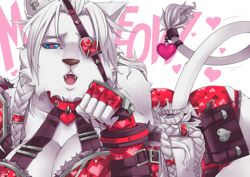 1girl animal_ears ass blue_eyes braid breasts cleavage collar eyepatch fangs fingerless_gloves furry genderswap gloves heart heart-shaped_pupils heart_eyepatch kuma_x large_breasts league_of_legends long_hair lying on_stomach paw_pose rengar short_shorts shorts skindentation snout symbol-shaped_pupils tail tail_ornament valentine white_hair