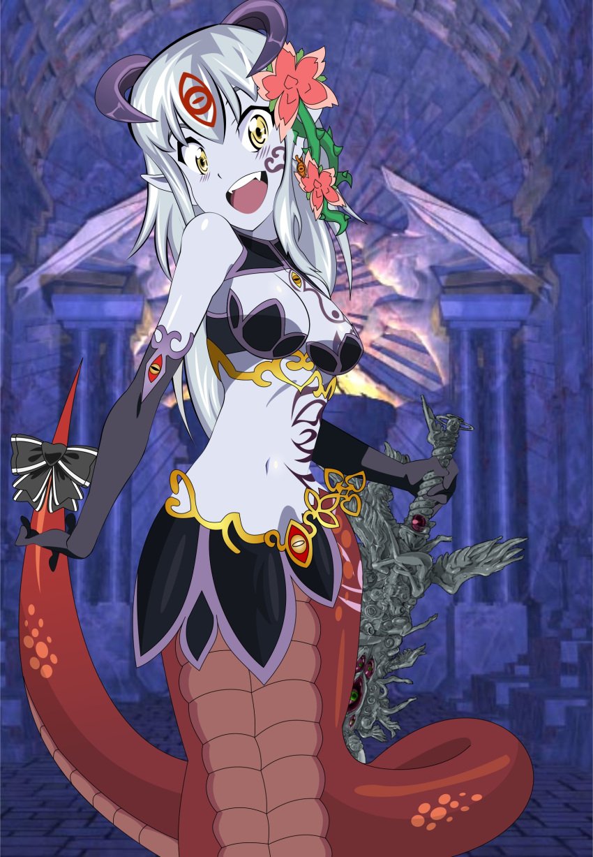 1girl :d absurdres alisfieze_fateburn_xvi bare_shoulders blue_skin breasts elbow_gloves fangs flower gloves hair_flower hair_ornament highres horns kill_la_kill lamia long_hair mon-musu_quest! monster_girl navel open_mouth parody ribbon silver_hair smile solo straywolf sword tail tail_ribbon weapon yellow_eyes