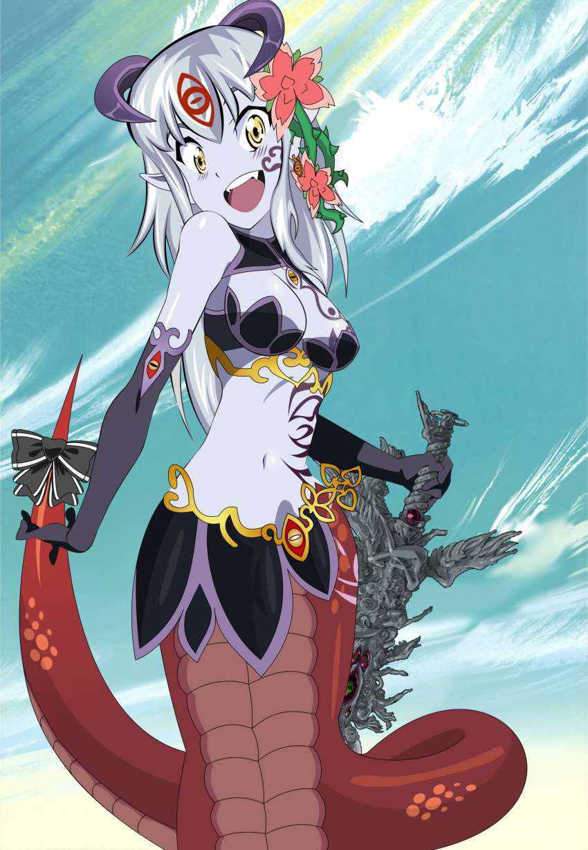 1girl :d absurdres alisfieze_fateburn_xvi bare_shoulders blue_skin breasts elbow_gloves fangs flower gloves hair_flower hair_ornament highres horns kill_la_kill lamia long_hair mon-musu_quest! monster_girl navel open_mouth parody ribbon silver_hair sky smile solo straywolf sword tail tail_ribbon weapon yellow_eyes