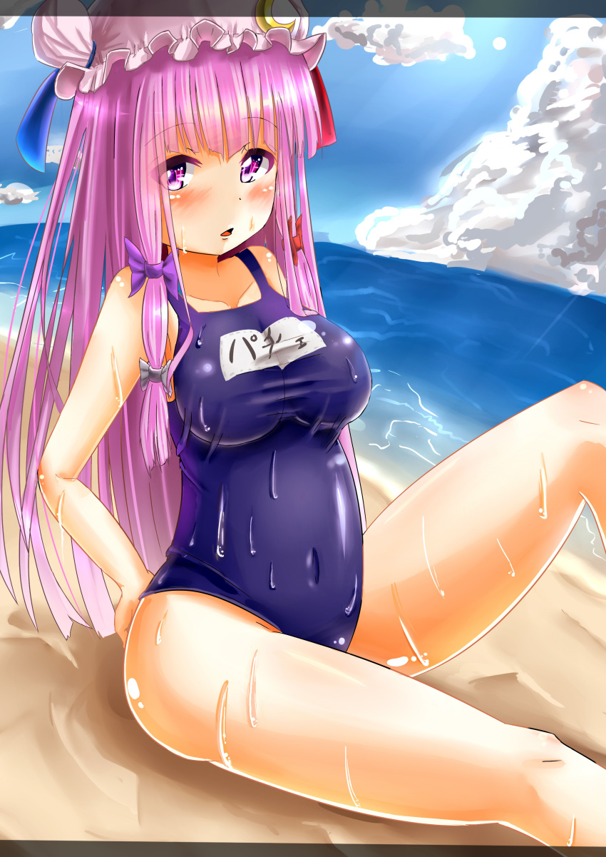 1girl absurdres beach blue_sky clouds crescent hat highres long_hair miutolily one-piece_swimsuit patchouli_knowledge purple_hair sand school_swimsuit sitting sky solo swimsuit touhou violet_eyes water wet_swimsuit