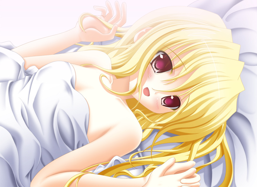 1girl bed_sheet blonde_hair blush flandre_scarlet looking_at_viewer open_mouth psyche3313 red_eyes solo touhou