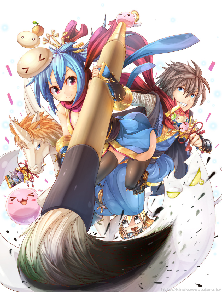 &gt;_&lt; 1boy 2girls ahegao angel_wings archbishop_(ragnarok_online) arm_guards bandages bare_shoulders black_legwear blonde_hair blue_eyes blue_hair breasts brown_hair brush calligraphy_brush cleavage confetti cornus fan food fruit hair_ornament halo highres ink japanese_clothes kinakomochi long_hair looking_at_viewer multiple_girls ninja ninja_(ragnarok_online) orange paintbrush poring ragnarok_online red_eyes sandals scarf short_hair smile thighhighs tongue tongue_out unicorn updo v white_background wings zettai_ryouiki
