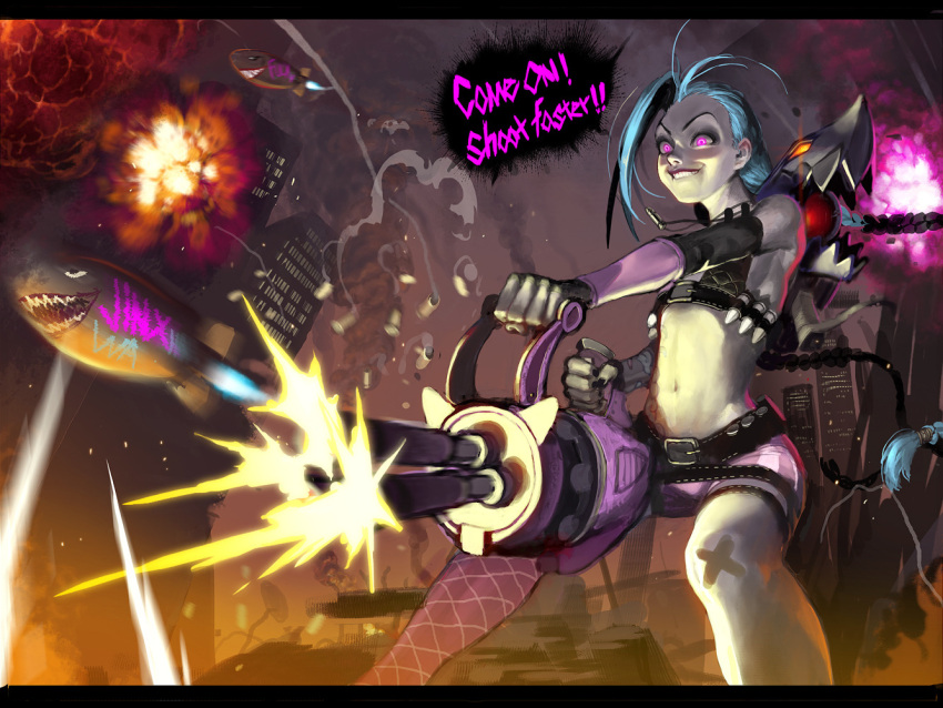 1girl biting blue_hair braid casing_ejection crazy_eyes detached_sleeves firing flat_chest glowing glowing_eyes grin gun jinx_(league_of_legends) league_of_legends lip_biting long_hair midriff minigun missile muzzle_flash navel nose pink_eyes shell_casing short_shorts shorts single_braid single_thighhigh smile tattoo thighhighs tjdtnals12 very_long_hair weapon